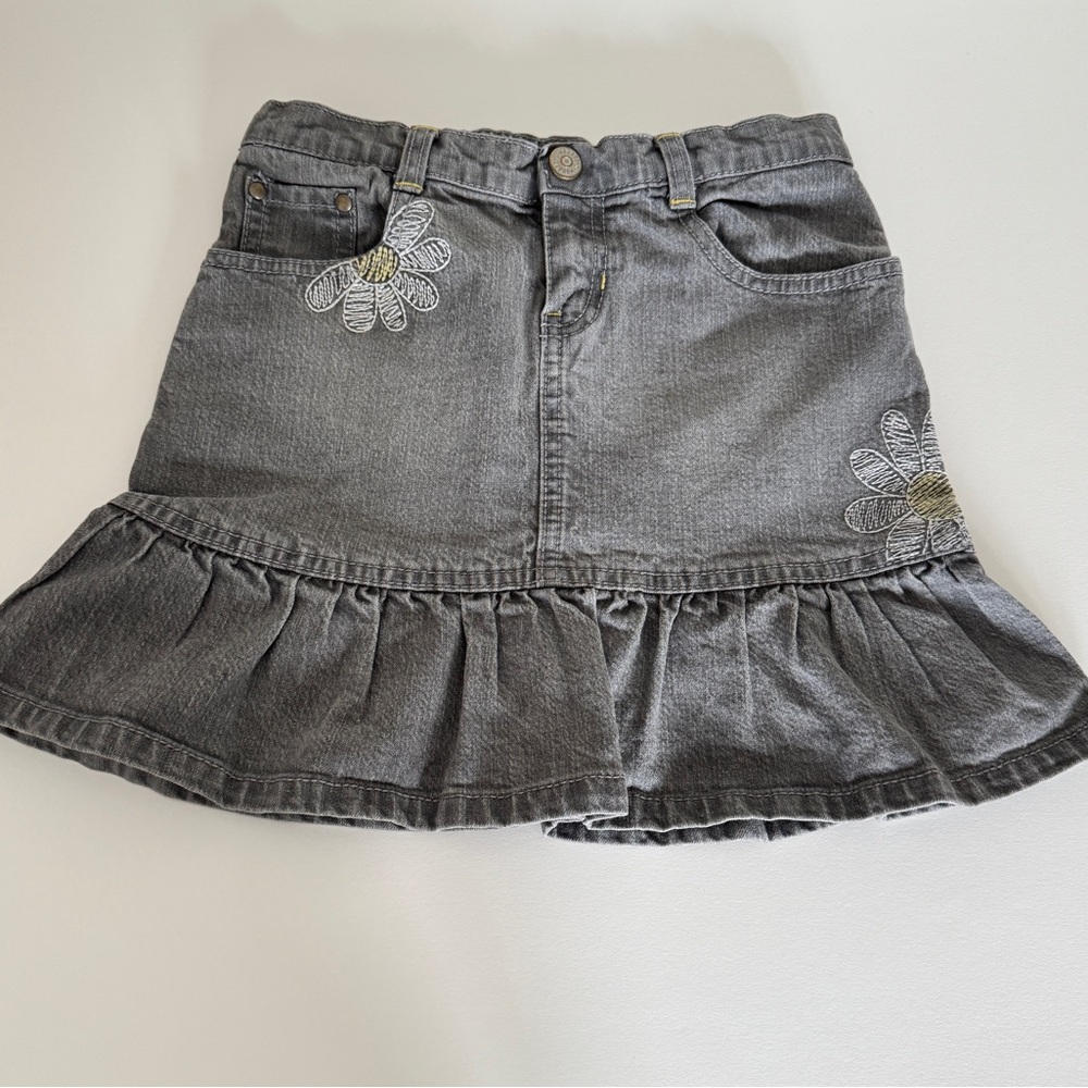 Gray Denim Skirt with Floral Embroidery